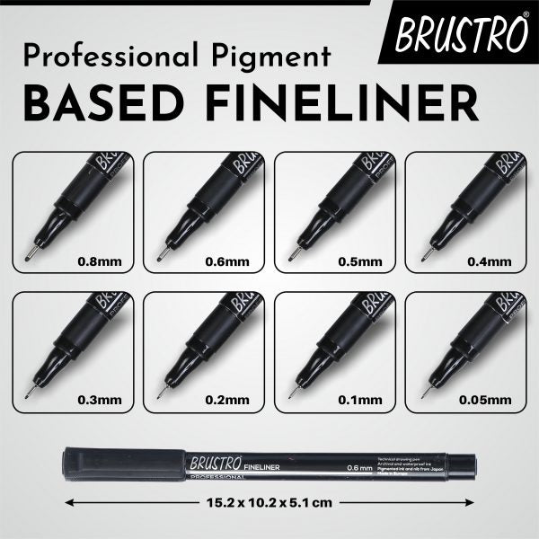 Brustro Professional Pigment Based Fineliner – Pack of 8 (Black) with Artist Sketch Book 110 GSM A5 Wiro Journal (156 Pages)