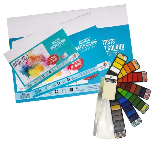 Brustro Artists Watercolour Paper 300 GSM, CP 25% Cotton, A4,A5 & A3 with Watercolour Pan Set of 42 Colours