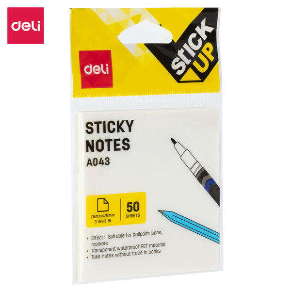 Deli WA043 Transparent Waterproof Sticky Notes, 50 Sheets, 76x76mm, White, 1 Pc