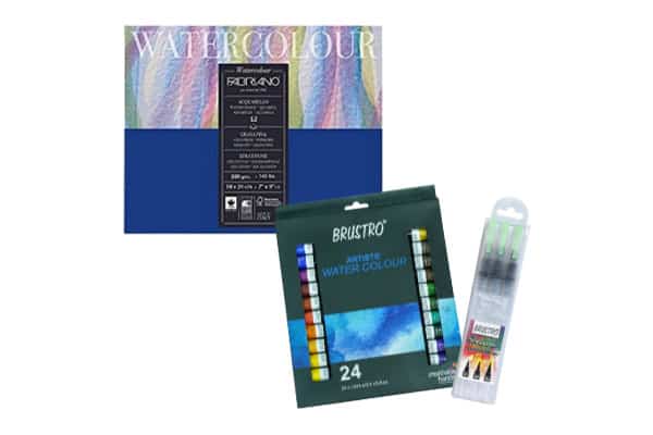 BRUSTRO Artists ’ Watercolour Set of 24 Colours X 12ML Tubes and 1 Aqua Squeeze Brush with Fabriano Studio Watercolor Block 18X24cm