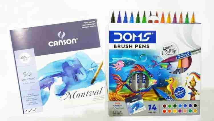 DOMS 14 Shade Brush Pen (Free 5 CANSON Sheet 17.5*17.5cm) (Set of 14, Multicolor)