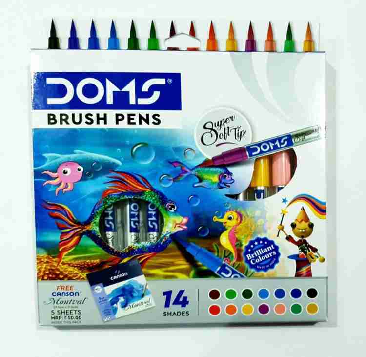 DOMS 14 Shade Brush Pen (Free 5 CANSON Sheet 17.5*17.5cm) (Set of 14, Multicolor)