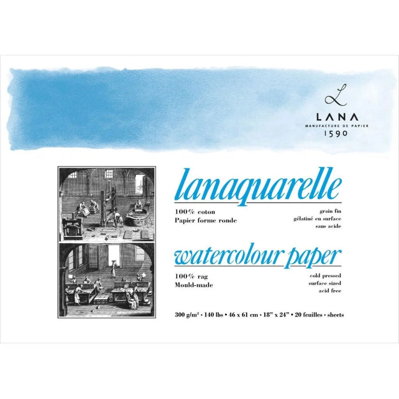 Lana Artists' Watercolour - Lanaquarelle - 46 cm X 61 cm (18 X 24 Inches) Natural White Fine Grain / Cold Press 300 GSM 100% Cotton Paper Block of 20 Sheets