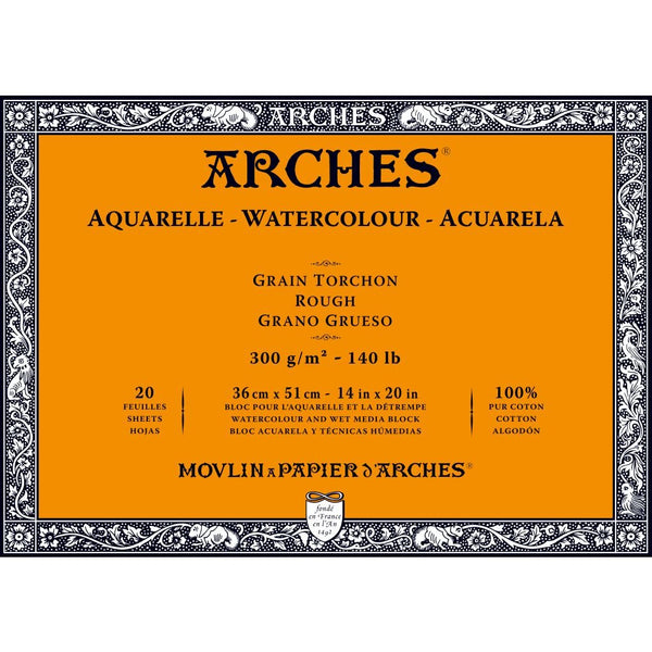 Arches Watercolour- Aquarelle - 36 cm x 51 cm Natural White Rough Grain 300 GSM Paper, 4 Side Glued Pad of 20 Sheets
