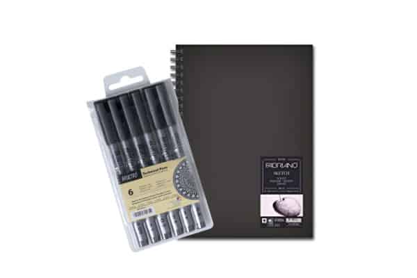 Brustro Technical Pen Black (Pack of 6) with Fabriano Sketch Book A5