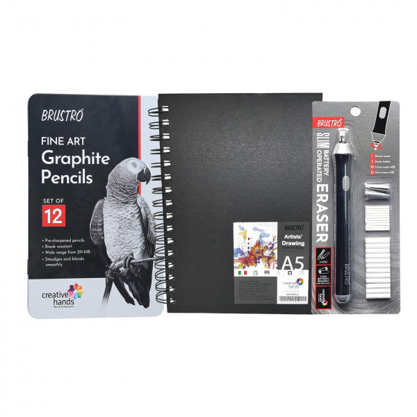 Brustro Slim Battery Operated Eraser + Graphite Pencil Set of 12 + A5 wiro Sketchbook (BRSWBA5)