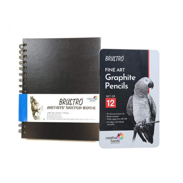 BRUSTRO Wiro Bound A5 Size Artists Sketch Book, 120 Pages, 160 GSM and Artists’ FINEART Graphite Pencil Set of 12 (10B-2H)