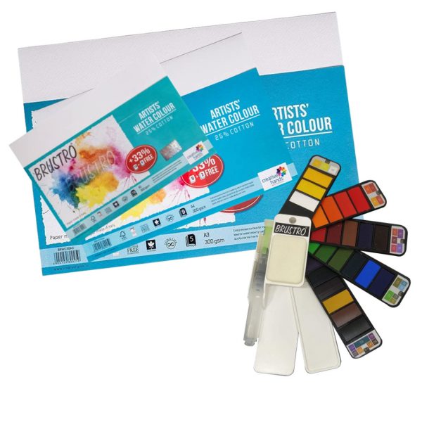 Brustro Artists Watercolour Paper 300 GSM, 25% Cotton, Cold Pressed, A4,A5 & A3 with Watercolour Pan Set of 25 Colours