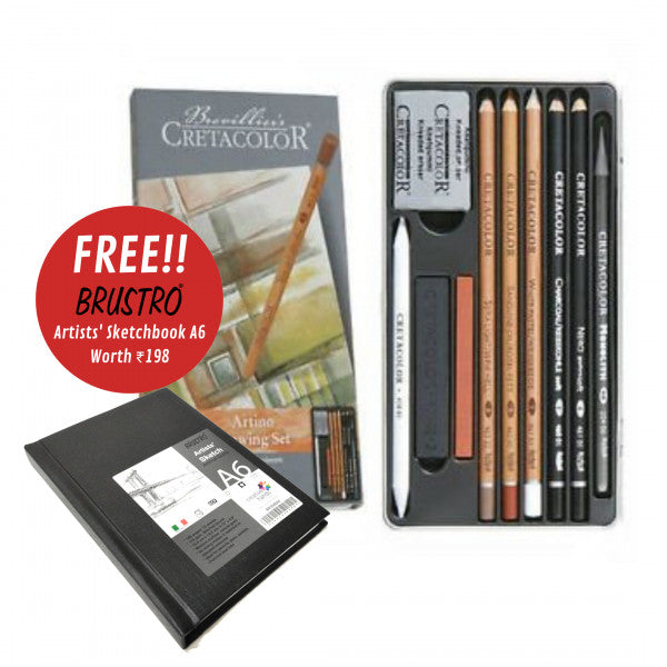 Cretacolor Artino Drawing Set Of 10 (Brustro Sketchbook A6 Stitched Bound Free)