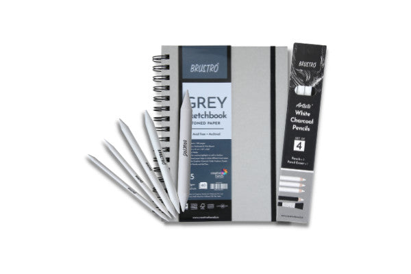 Brustro Grey Sketchbook with White Charcoal Pencil Set of 3 & Blending Stump Set of 5