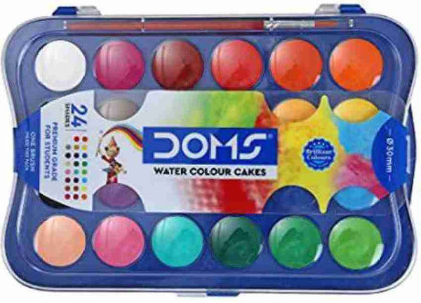 DOMS Non Toxic 30 mm Watercolour Cake Set with Paint Brush (Set of 24, Multicolor)