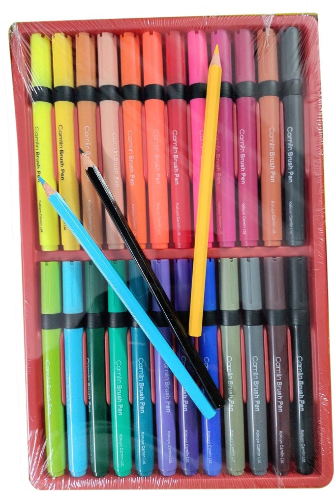 Camlin 24 Shades Brush Pen With 24 Shades Colour Pencils (Bright With Superior Leads)