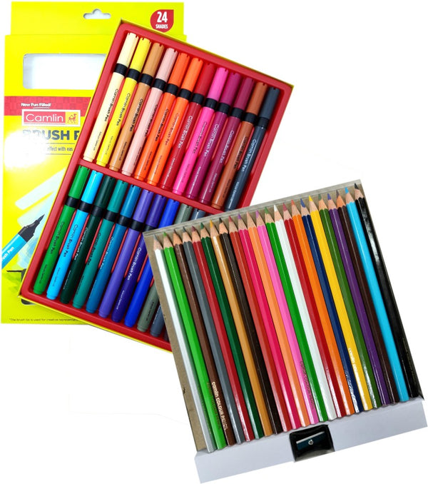 Camlin 24 Shades Brush Pen With 24 Shades Colour Pencils (Bright With Superior Leads)