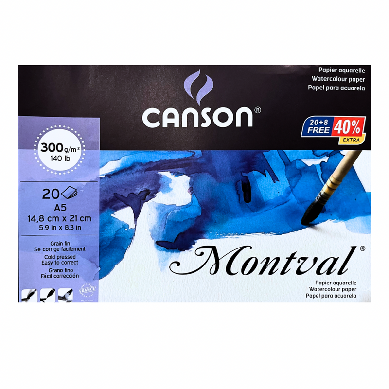 Canson Montval 300 GSM A5 Pack of 18 + 6 Fine Grain Sheets, 14.8x21cm