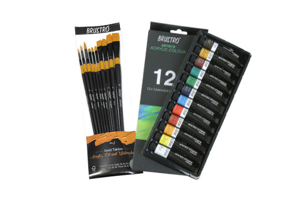 BRUSTRO Artists Acrylic Colour – 12ML, Set of 12 Tubes with Artists Gold Taklon – Set of 10 Brushes