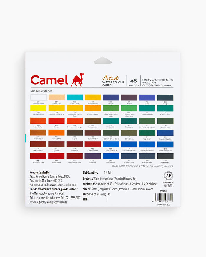 Camel Artist Water Colours Assorted box of cakes, 48 shades with Brush