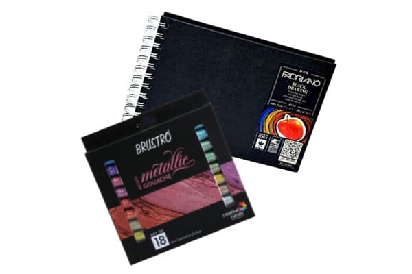 Brustro Artists Metallic Gouache Set of 18 x 12ml with Fabriano Black Drawing Book A5