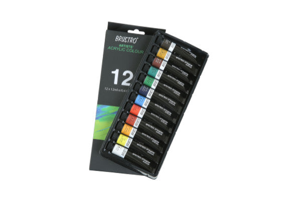 BRUSTRO Artists ’ Acrylic Colour Set of 12 Colours X 12ML Tubes with Gold Taklon Brush Set of 10 and 5 Canvas Boards