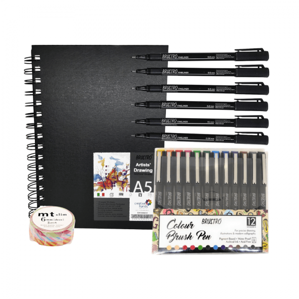 Brustro Artists Sketch Book Wiro Bound A5 and Brustro Fineliner Pack of 6 (Black) with Brustro Colour Brush Pens Set of 12 and MT Slim Masking Tape