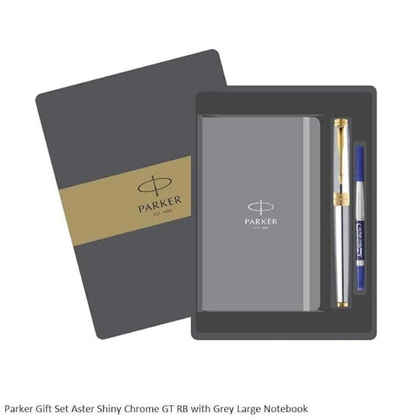 Parker Aster Shiny Chrome Gold Trim Roller Ball Pen +Large Notebook