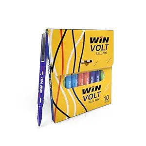 WIN Volt Ball Pens | 10 Blue Ink Pens | Playful Body Colours | 0.7 mm Metal Tip | Smooth Writing | Comfortable Grip | Office Stationery | Pens for Students | Best Pens for Exams | Stick Pen Set