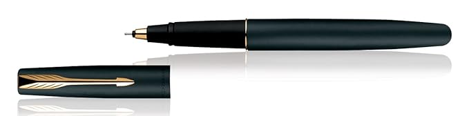 Parker Frontier Roller Ball Pen, Refillable, Gold Trim, Gold Nib, Matte Black with Free Wallet (1 Count, Ink - Blue), Excellent for Gifting, Premium Pen for Professionals