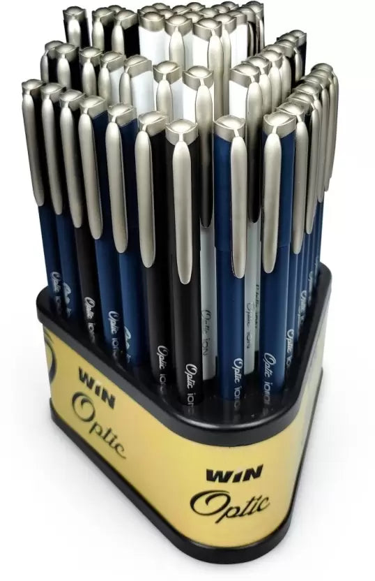 Win Optic Square Ball Pens | 50 Pens (45 Blue Ink & 5 Black), Triangular Tumbler | Smooth Writing | School,Office Uses|Stationery