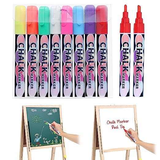 Dual Tip Liquid Chalk Markers Pens for Chalkboard, Erasable Chalkboard Markers with 6mm Reversible Tip for Blackboard, Whiteboard, Windows, Glass, Mirror, Signs, Bistro (Pack of 8)