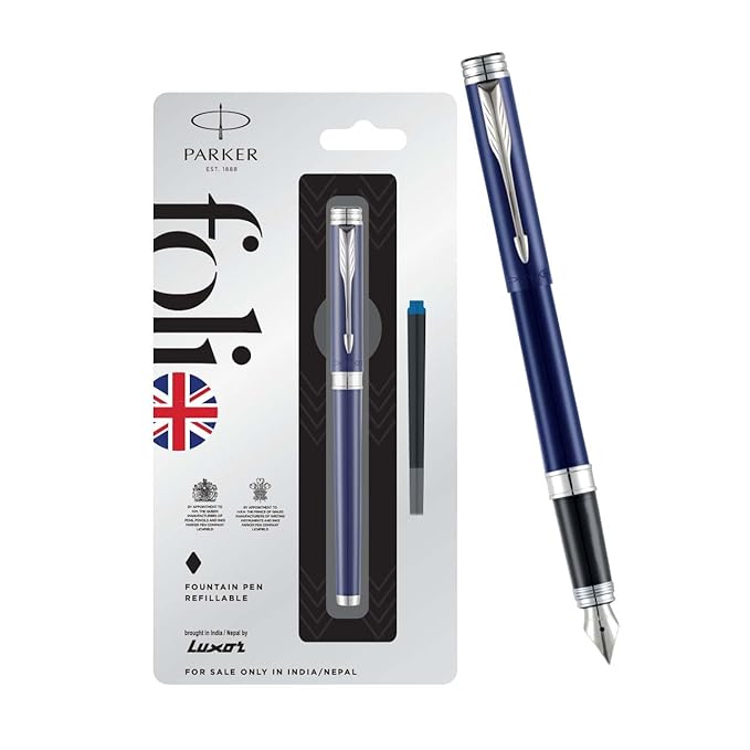 Parker Folio Chrome Trim Fountain Pen| Blue Body Color With 1 Ink Cartridge Free