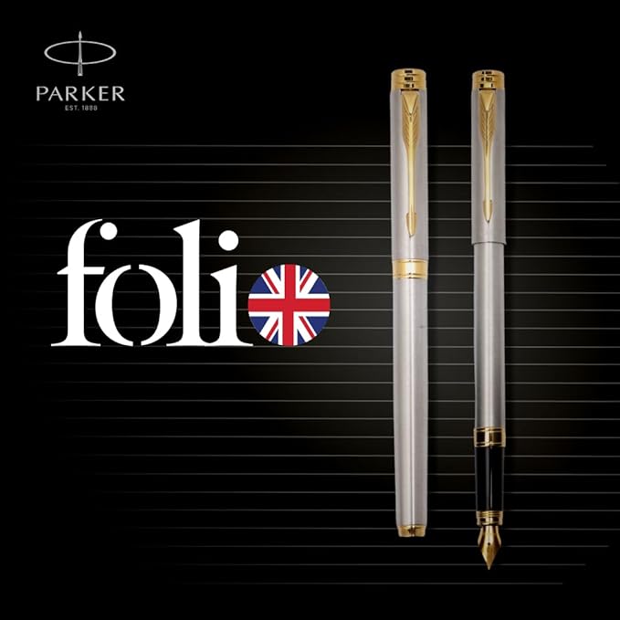 Parker Folio Stainless Steel Gold Trim Fountain Pen With 1 Ink Cartridge Free