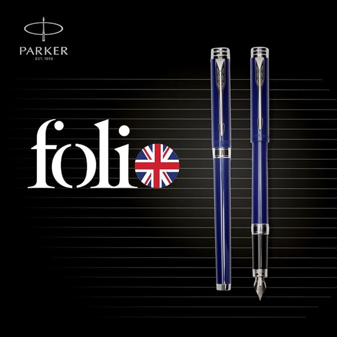 Parker Folio Chrome Trim Fountain Pen| Blue Body Color With 1 Ink Cartridge Free