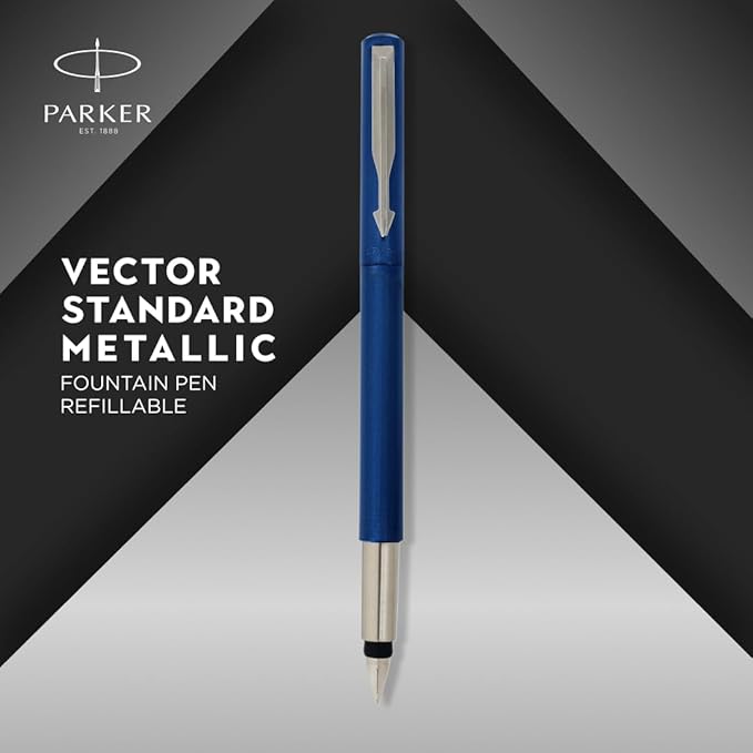 Parker Vector Standard chrome Trim Fountain Pen | Metallic Blue Body Colour| Ink Colour – Blue