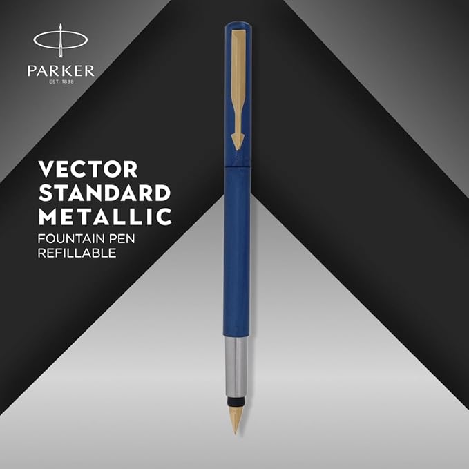 Parker Vector Standard Gold Trim Fountain Pen| Metallic Blue Body Colour| Ink Colour – Blue