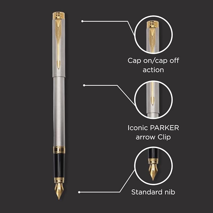 Parker Folio Stainless Steel Gold Trim Fountain Pen With 1 Ink Cartridge Free