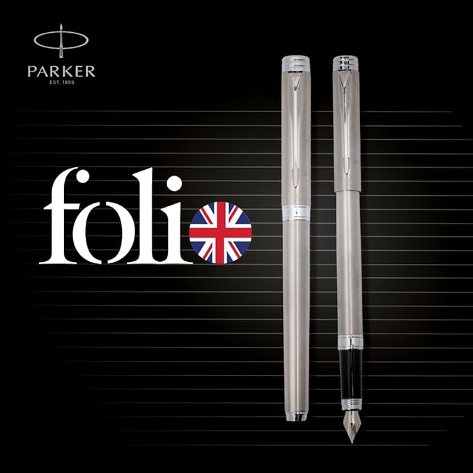 Parker Folio, Fountain Pen, Refillable, Chrome Trim, Pack of 1, Ink - Blue, Perfect companion for Office Individuals