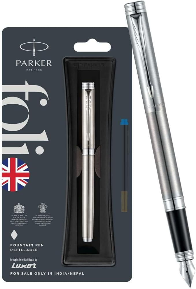 Parker Folio, Fountain Pen, Refillable, Chrome Trim, Pack of 1, Ink - Blue, Perfect companion for Office Individuals