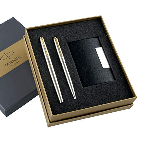 Parker Galaxy Stainless Steel Ball Pen+Roller Ball Gold Trim +Free Card Holder Gift Set