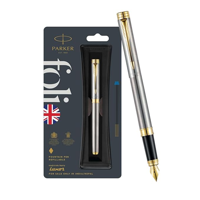 Parker Folio Stainless Steel Gold Trim Fountain Pen With 1 Ink Cartridge Free