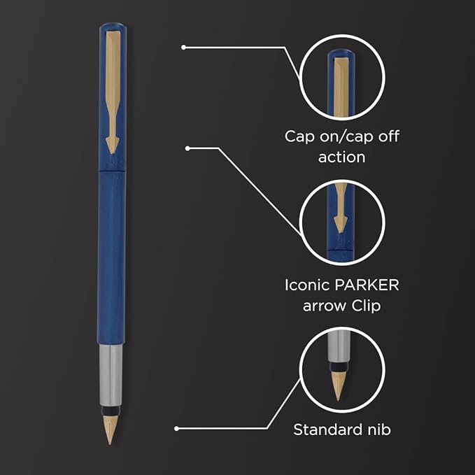 Parker Vector Standard Gold Trim Fountain Pen| Metallic Blue Body Colour| Ink Colour – Blue