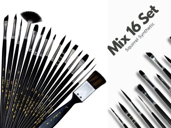 Like it Imported Pure Black Synthetic Squirrel Mix Professional Artist Painting Brush Set Synthetic Squirrel Bristle 16 Brushes Set for Acrylic, Watercolor, & Gouache Painting