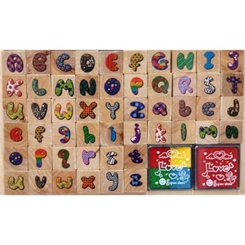 Oytra Letters Alphabet Fancy Rubber Stamps Wooden Body Ink Pad ABCD for Journaling Scrapbooking Art Craft Decor Decoration Gift DIY Greeting Card Stationery