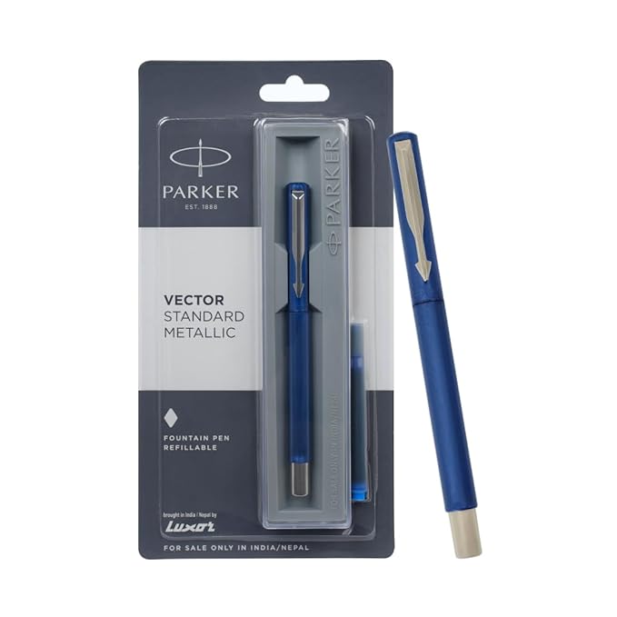 Parker Vector Standard chrome Trim Fountain Pen | Metallic Blue Body Colour| Ink Colour – Blue