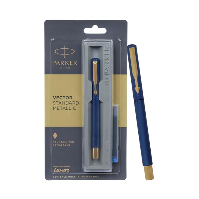 Parker Vector Standard Gold Trim Fountain Pen| Metallic Blue Body Colour| Ink Colour – Blue