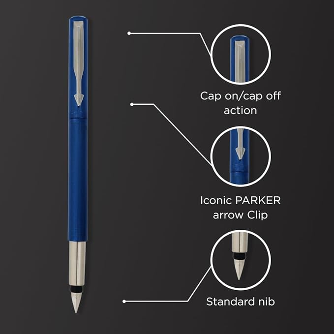 Parker Vector Standard chrome Trim Fountain Pen | Metallic Blue Body Colour| Ink Colour – Blue