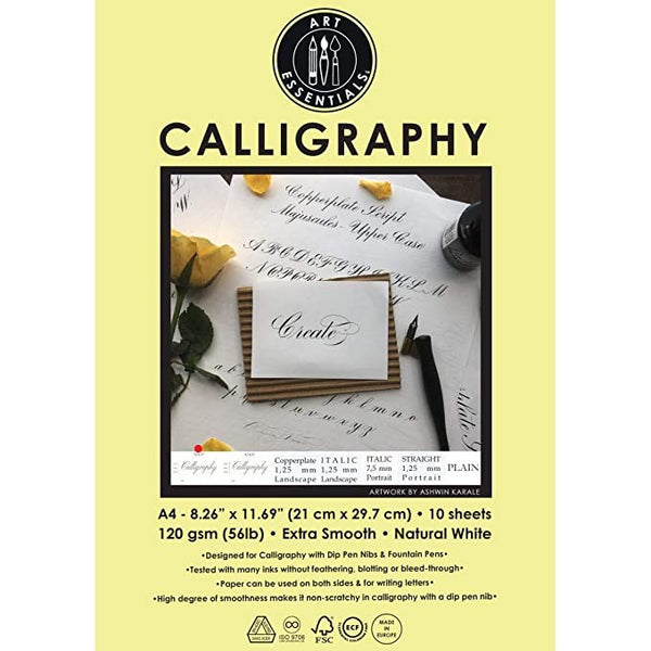 Art Essentials Calligraphy – 7.5 mm Italic, Portrait – A4 (21 cm x 29.7 cm) Natural White Extra Smooth 120 GSM Paper, Polypack of 10 Sheets