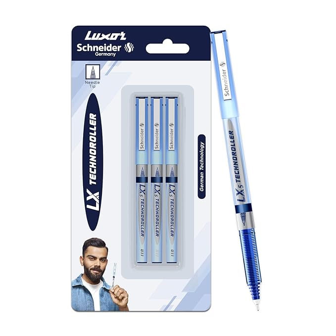 Luxor Schneider LX5 Technoroller| Pack of 3| Blue Ink Colour |0.5 mm tip|100% Liquid Ink Roller Pen| German Technology| Smooth writing experience| Ideal Pen for Students & Professionals