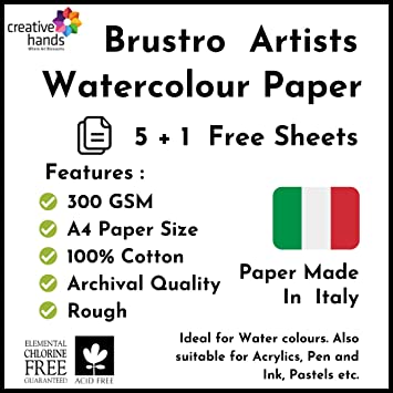 Brustro Artists' Watercolour Papers 100% Cotton 300 GSM A4 Rough (Pack of 5 + 1 Free Sheet)