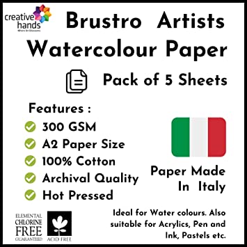 Brustro Artists' Watercolour paper 100% cotton HP 300 Gsm A2 (5 Sheets)