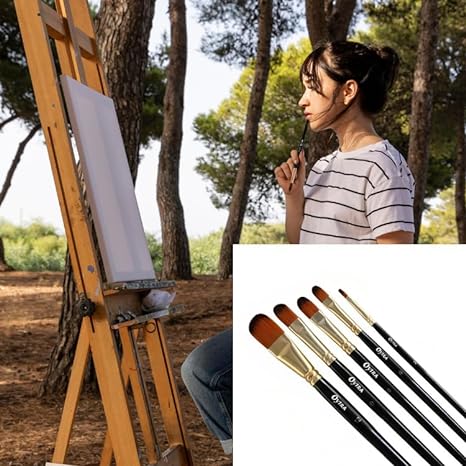 Oytra 5 Pcs Filbert Paint Brushes Set with Long Handle, Oil Painting, Acrylic, Water Color