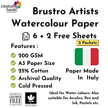 Brustro Artists Watercolour Paper, 200 GSM, A3 Size, 25% Cotton CP, 6 + 2 Free Sheets (Pack of 2)